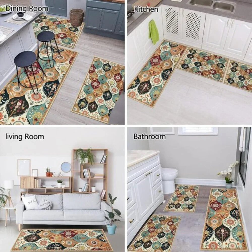 New Sets of 3 Non Slip Floral Patteren Kitchen Rugs, Washable Runner Rugs